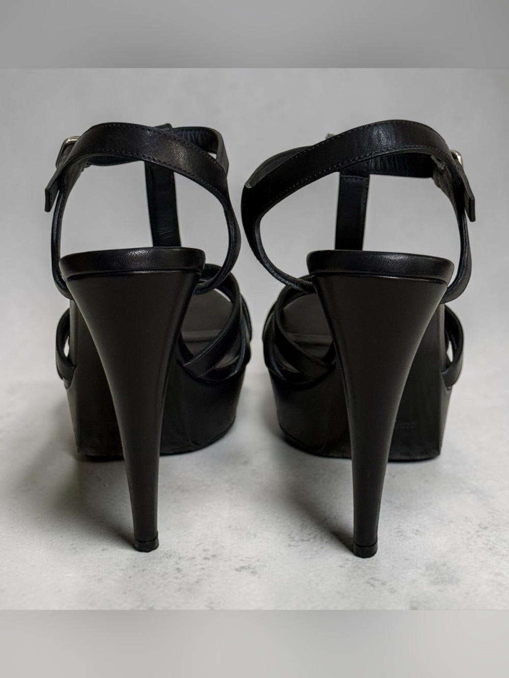 Saint Laurent Black Leather Platform T-Strap Studded Sandals Stiletto Heels! 37 - Picture 7 of 16